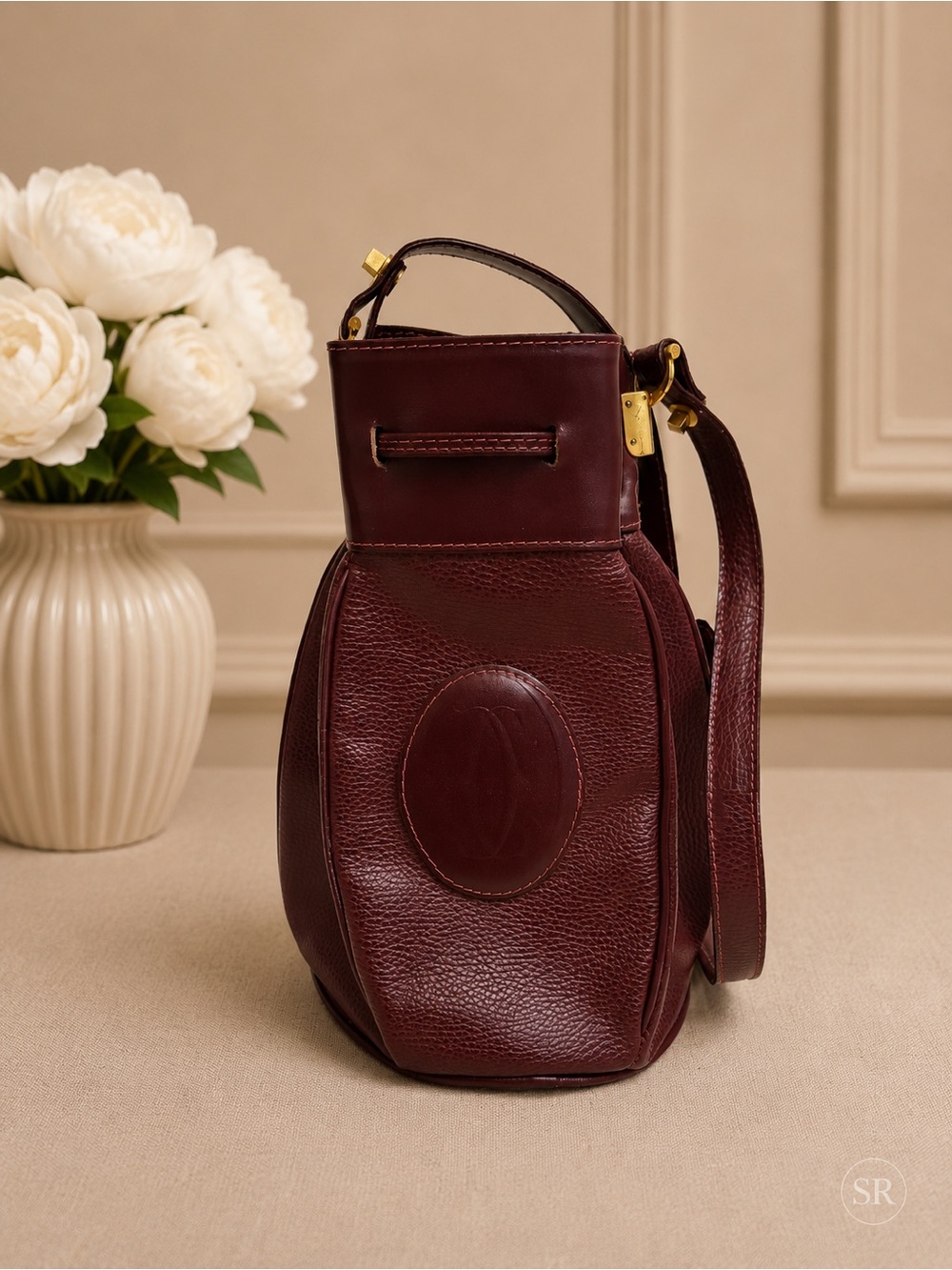 VTG Must de Cartier Sac Seau Bordeaux Leather Bucket Drawstring Shoulder Bag - Picture 8 of 13